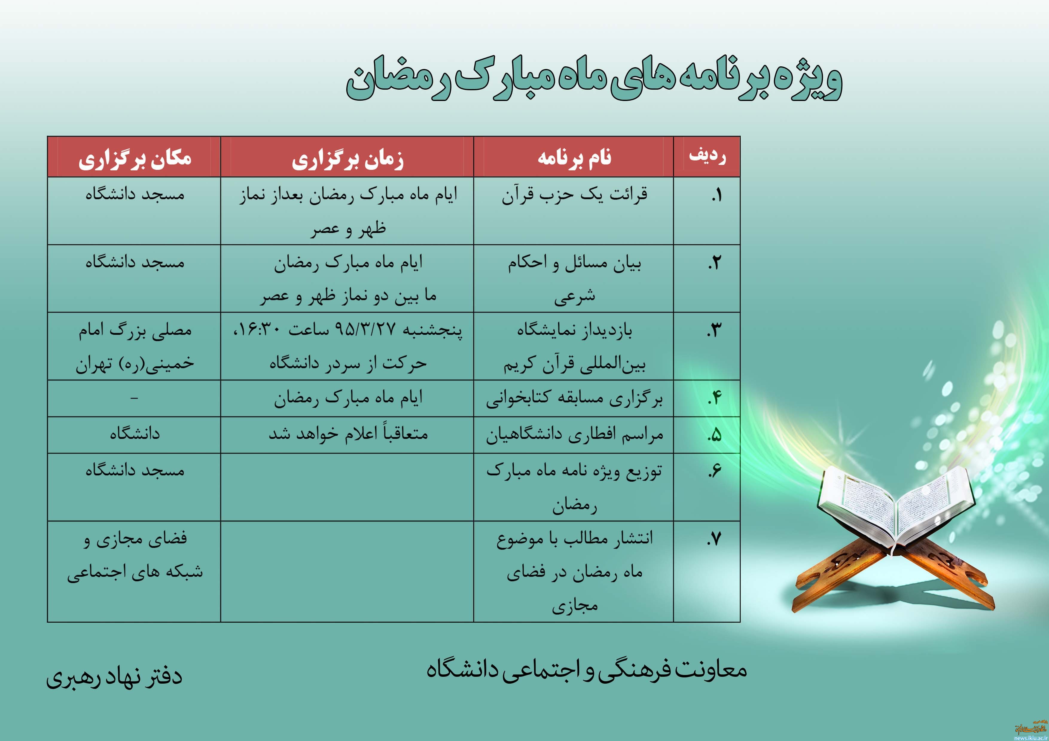 اعلام ویژه برنامه های ماه مبارک رمضان در دانشگاه