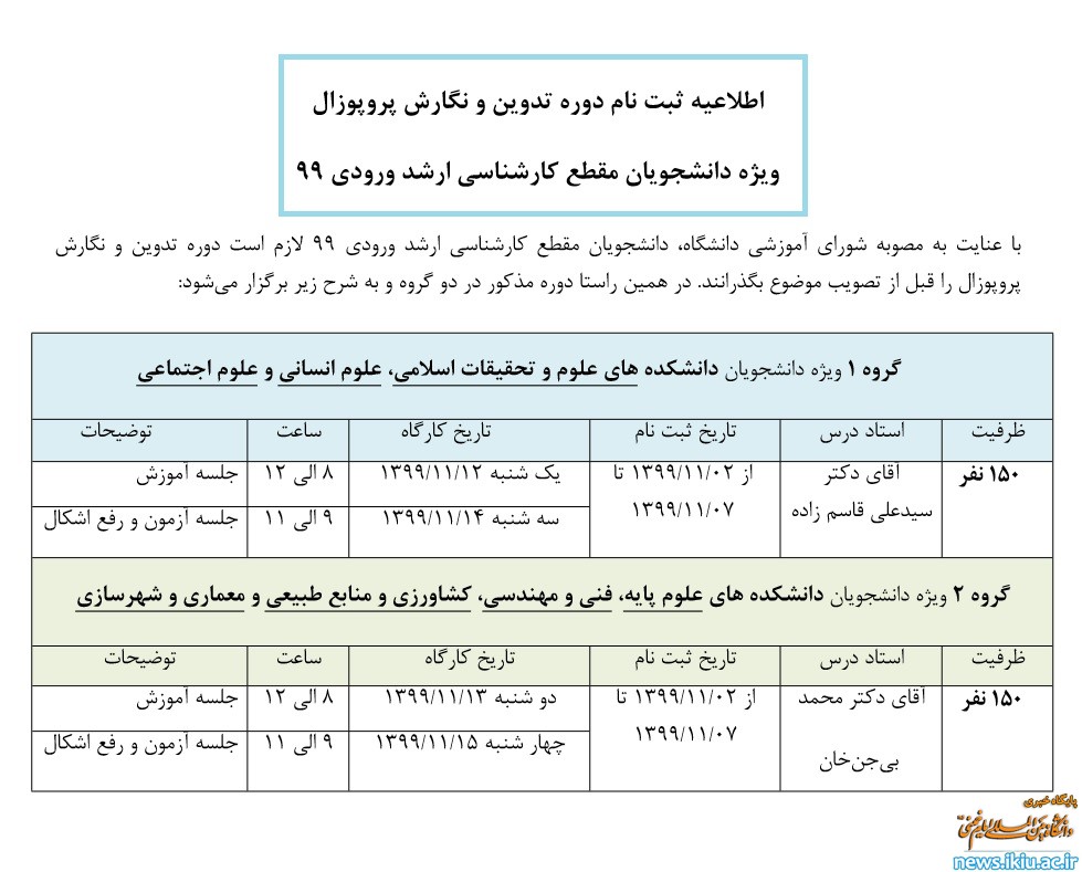 برگزاری دوره تدوین و نگارش پروپوزال برای دانشجویان مقطع کارشناسی ارشد ورودی 99